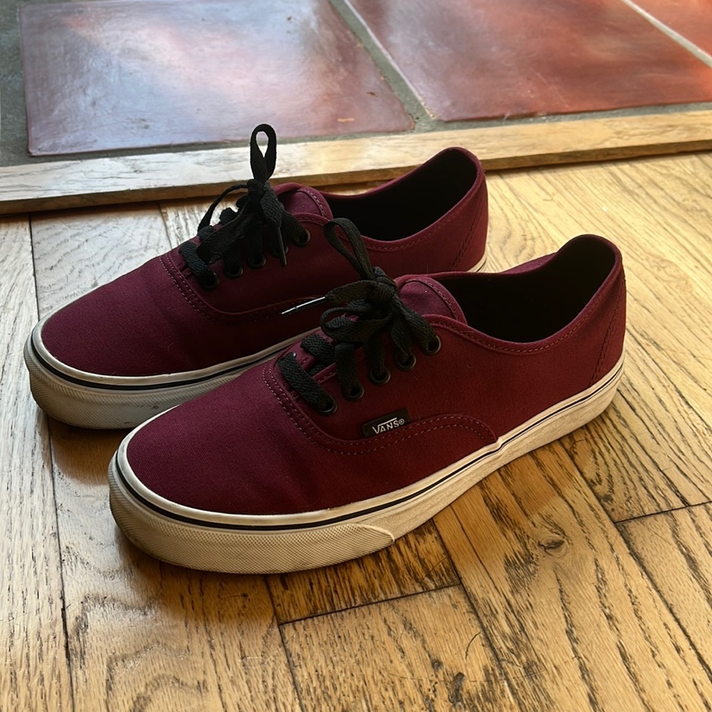 Vans Low Dark Red with Black laces. Size: 8.5 Men’s or Size: 10.0 Women’s